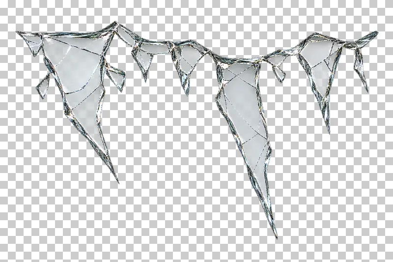 Clear broken glass: a narrow connected upper remnant carrying several long tapered attached shards at uneven depths.