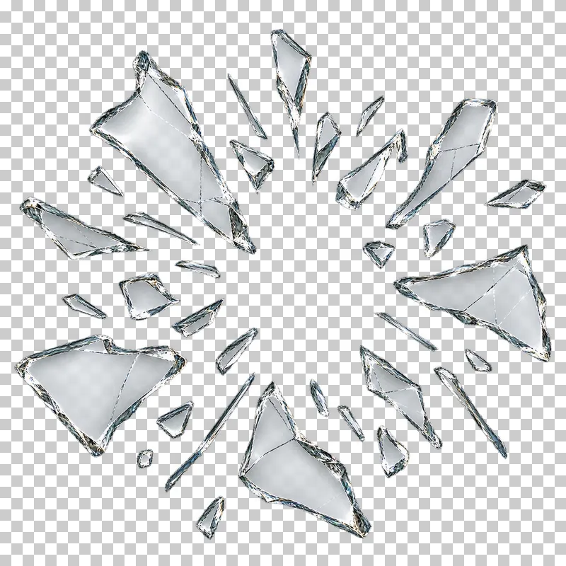 Clear broken glass: separate fragments moving outward around an empty center, without a connected pane or rim.