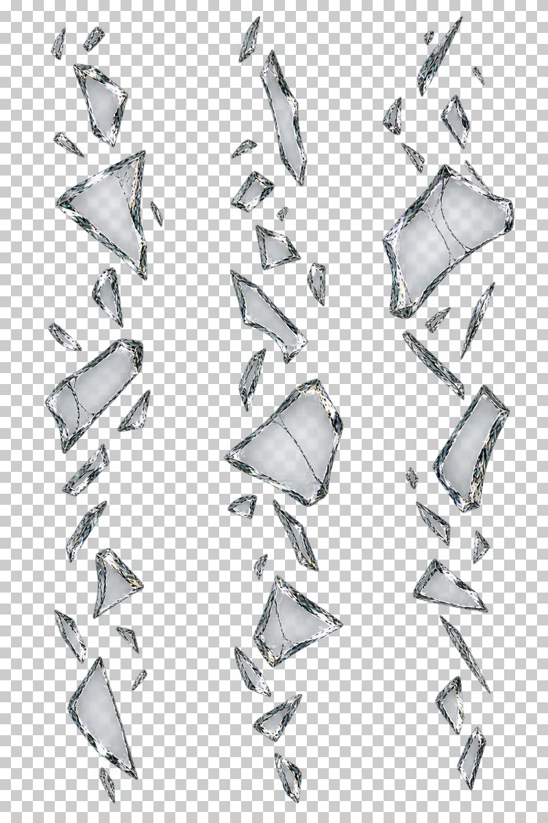 Clear broken glass: irregular shards distributed along several vertical paths with clear gaps and no motion blur.