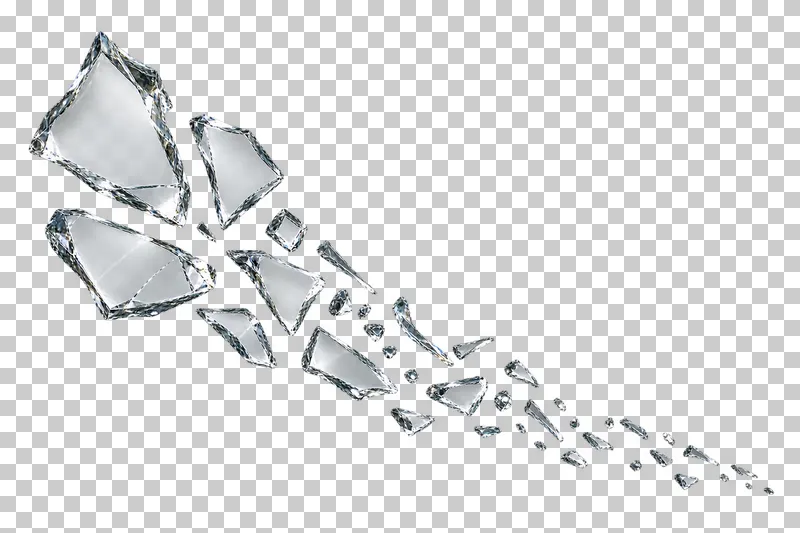 Clear broken glass: a tapered stream of detached fragments with a clear change from larger leading pieces to small trailing chips.