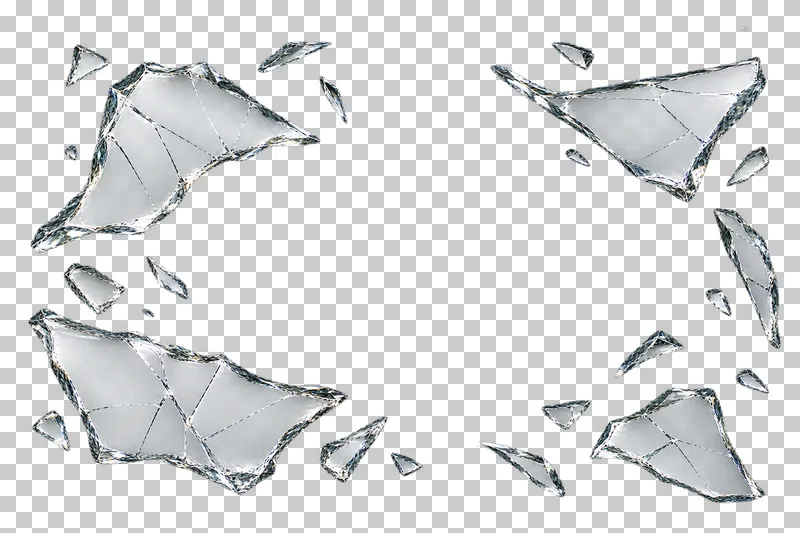 Clear broken glass: a sparse depth-layered cloud with a few large near fragments, smaller distant pieces, and a clear central viewing area.