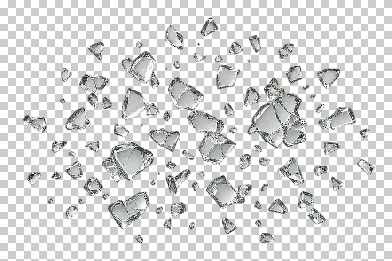 Clear broken glass: a loose spray of small blunt-edged glass granules and short clumps, without long blade-like pieces.
