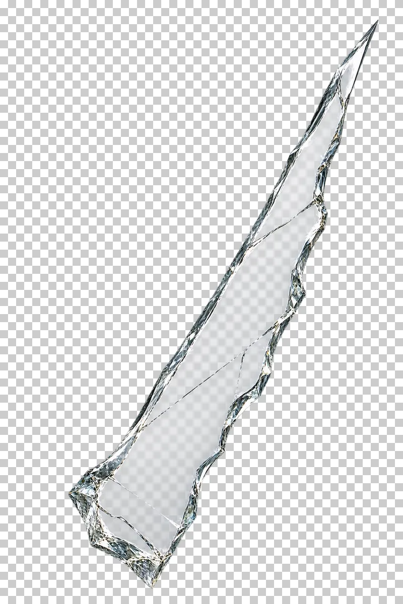 Clear broken glass: one elongated thin tapered shard with a broken base and a sharp uneven long edge.