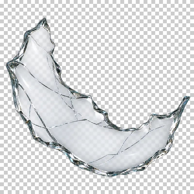 Clear broken glass: one shallow curved clear glass shell with broken edges and subtle highlights that describe its curvature.