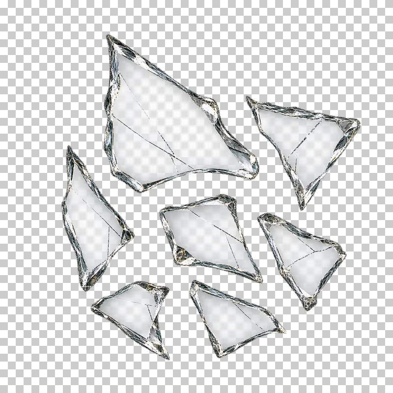 Clear broken glass: a compact separated group of small angular thin chips, front-facing and without a supporting floor.