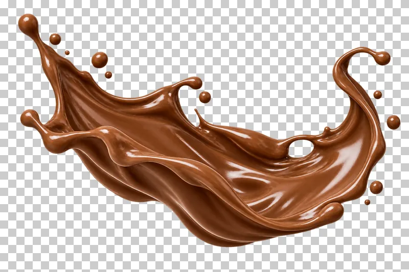 A broad chocolate splash with glossy folded sheets and rounded suspended droplets.