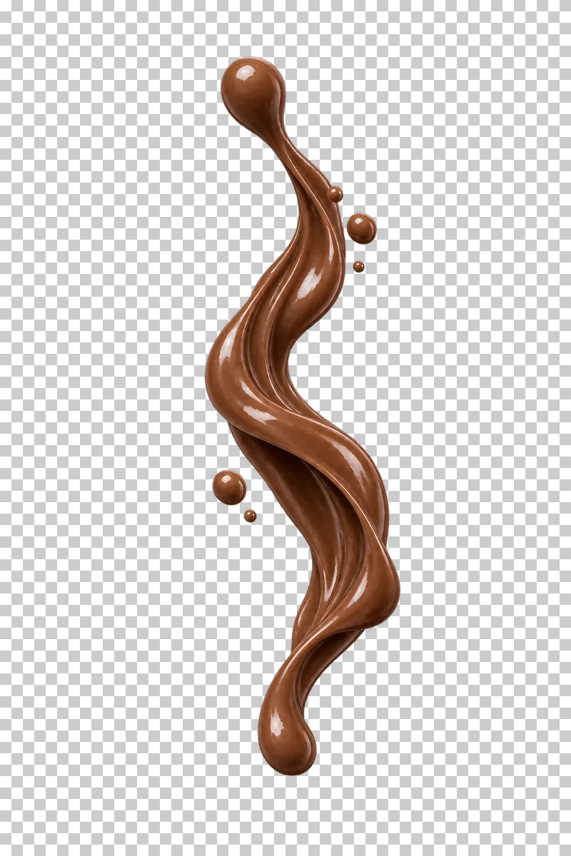 A complete suspended chocolate pour with a gentle bend and rounded visible ends.
