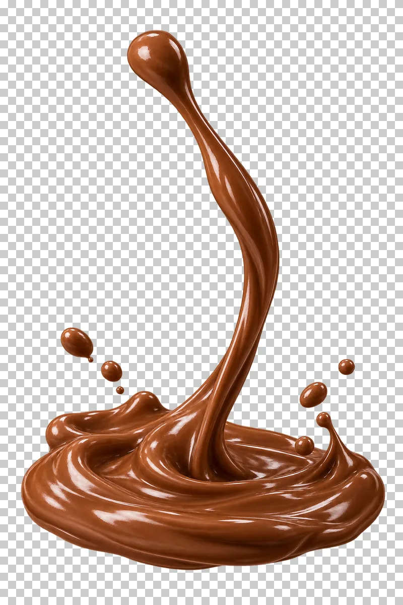 A complete chocolate stream flowing into a low pool with glossy impact folds.