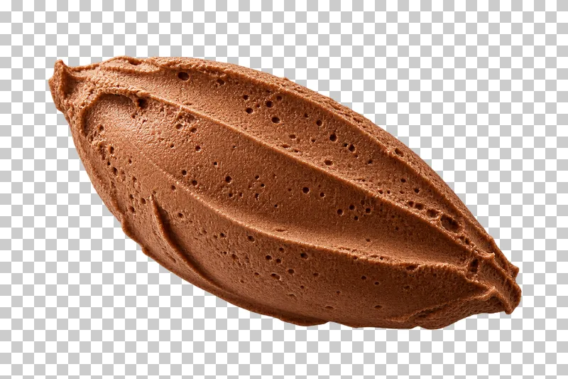 An elongated chocolate mousse quenelle with an airy porous surface and spoon facets.