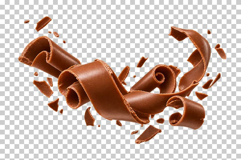 A loose portion of short curled chocolate shavings with thin irregular edges.