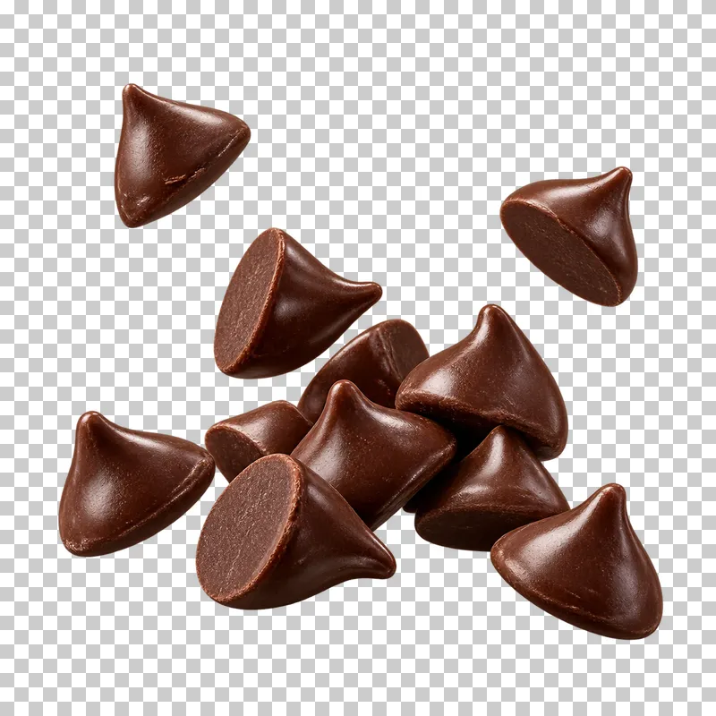 Chocolate baking chips with flat bases and short rounded tips.
