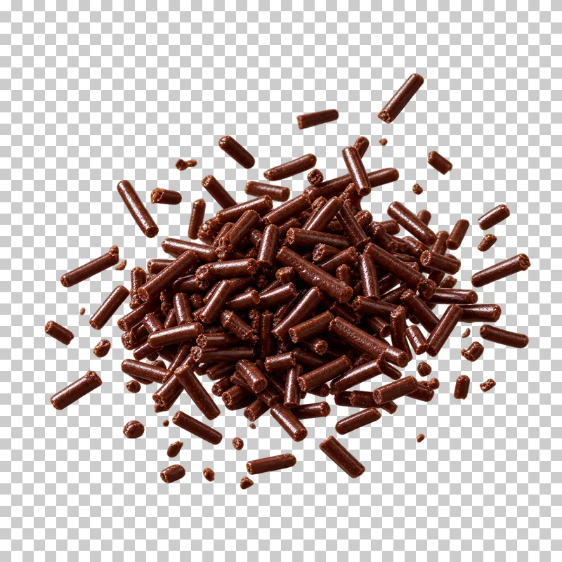 A small pile of thin cylindrical chocolate sprinkles with a sparse scatter.