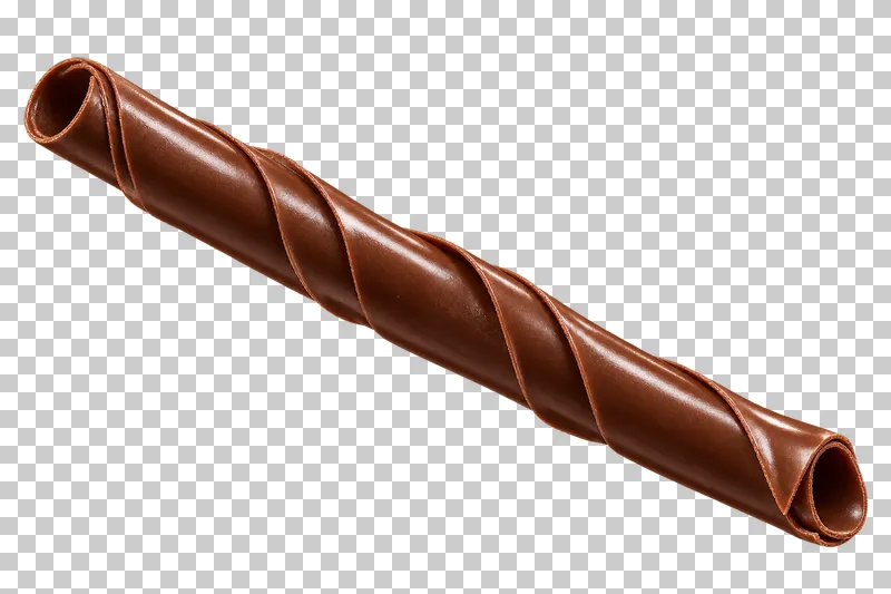 A hollow rolled chocolate stick with thin layered ends and a satin surface.