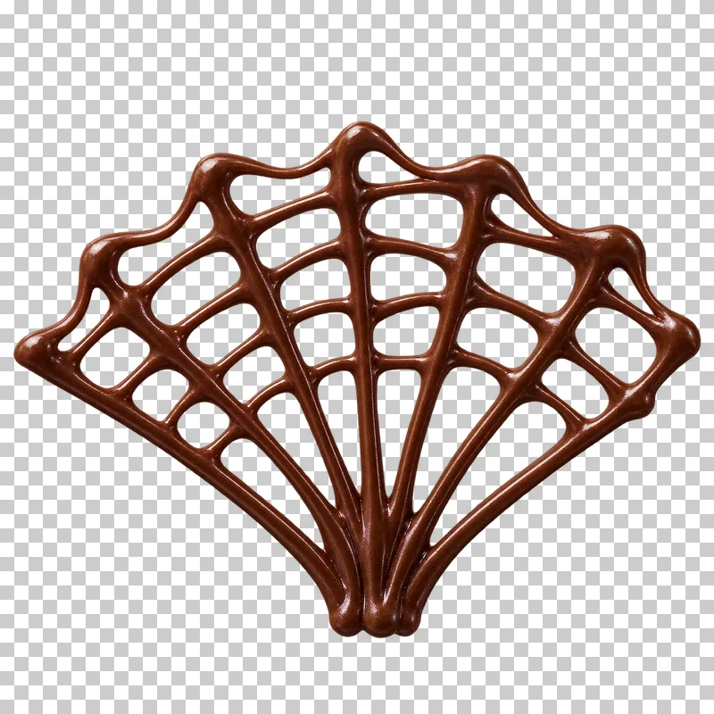 A fan-shaped solid chocolate lattice with intersecting strands and open holes.