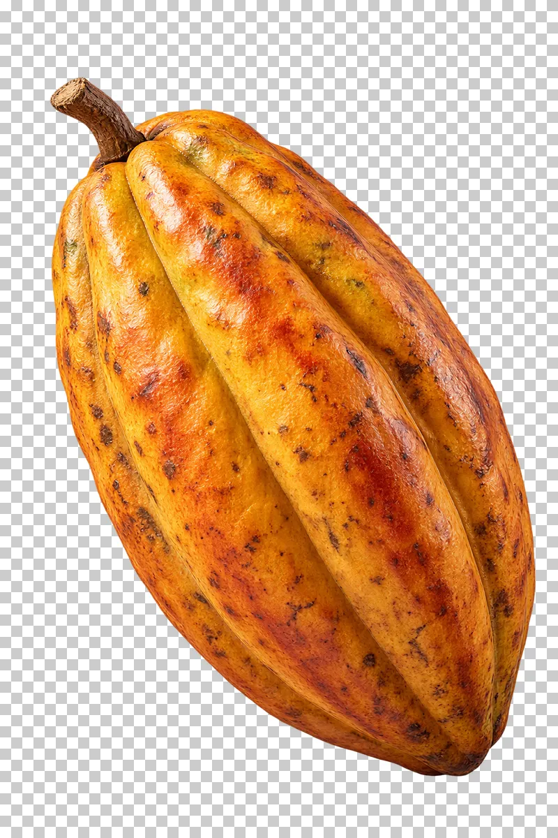 A whole ripe yellow-orange cacao pod with deep ribs and a short natural stem.