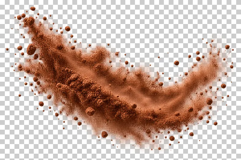 An asymmetric airborne cocoa powder burst with a granular core and fine translucent dust.