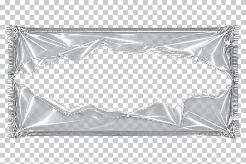 A clear plastic sleeve opened across its face by a wide jagged tear.