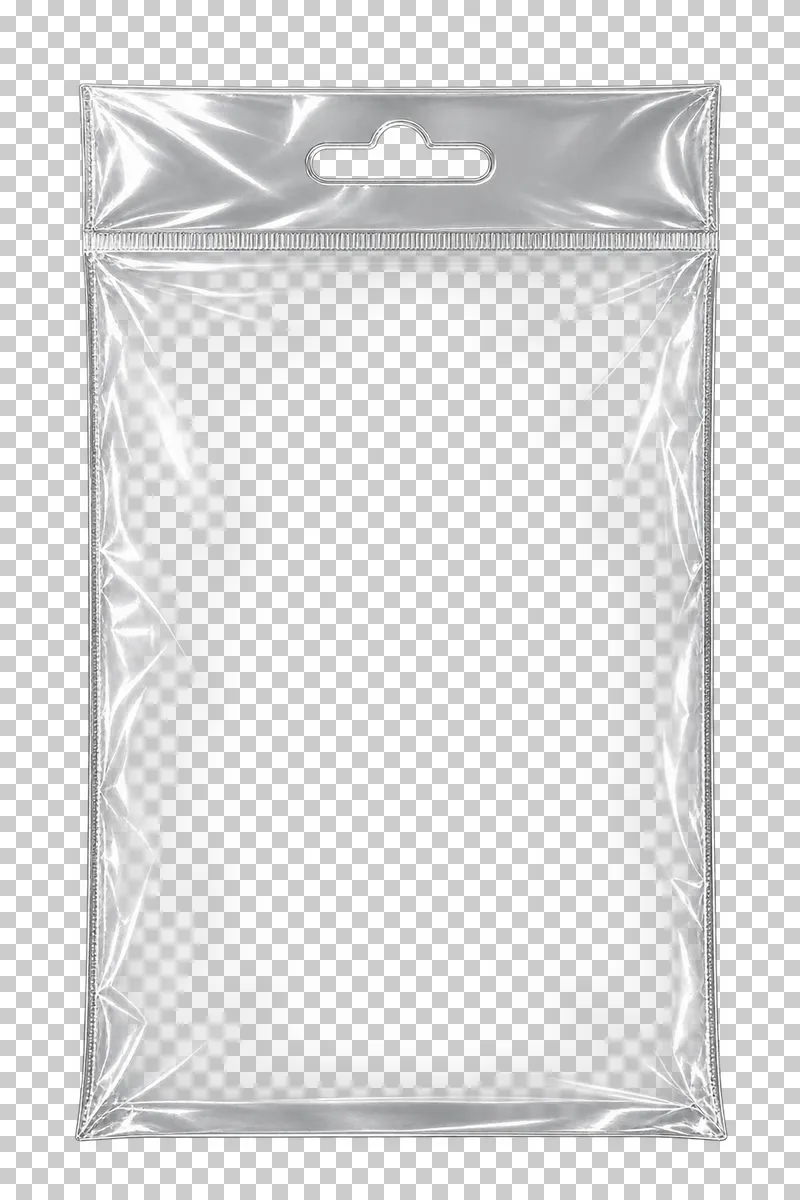 A clear retail bag with a reinforced header and an open die-cut hanging slot.