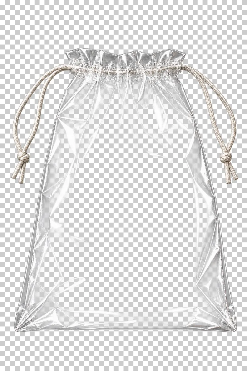 A gathered clear plastic bag with two complete pale drawcord loops.