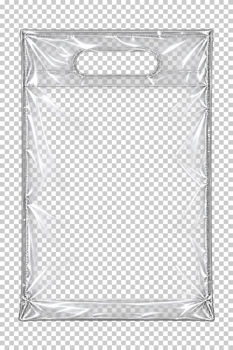 A clear carrier bag with a reinforced top band and an open rounded handle aperture.