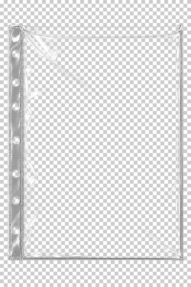 An empty clear document sleeve with an open top and a punched filing margin.