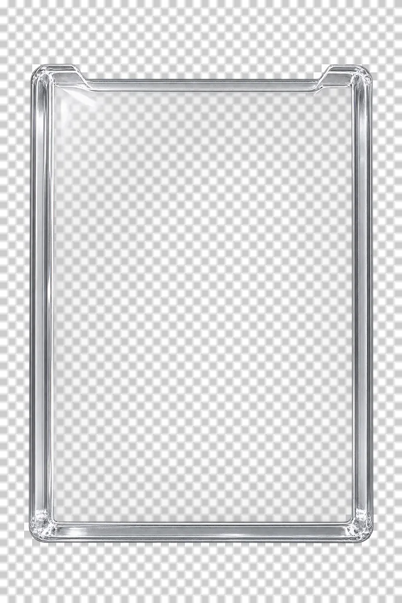 A rigid clear top-loading card protector with thick side walls and an upper entry slot.