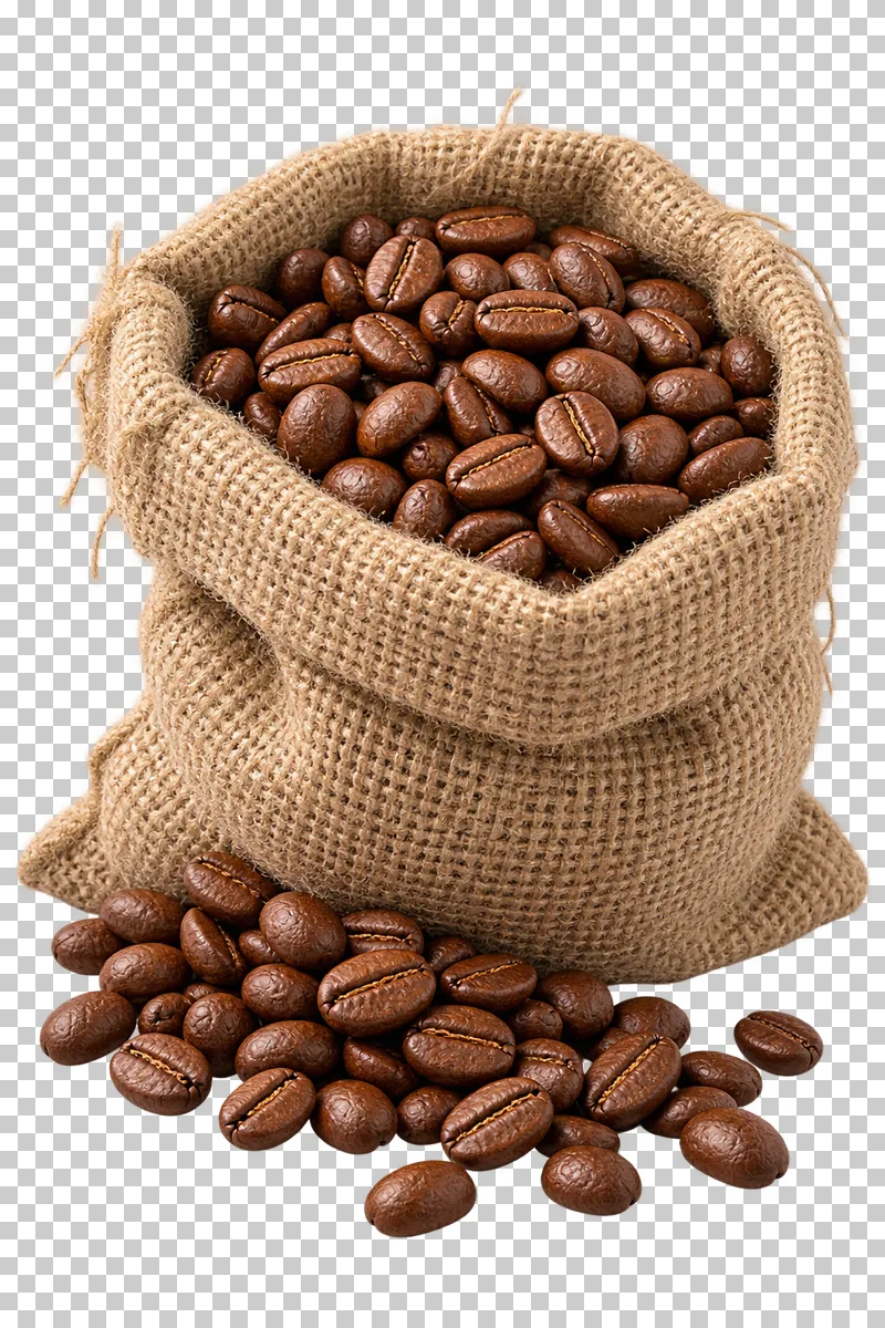 An open burlap sack filled with roasted coffee beans and a spill at its base.