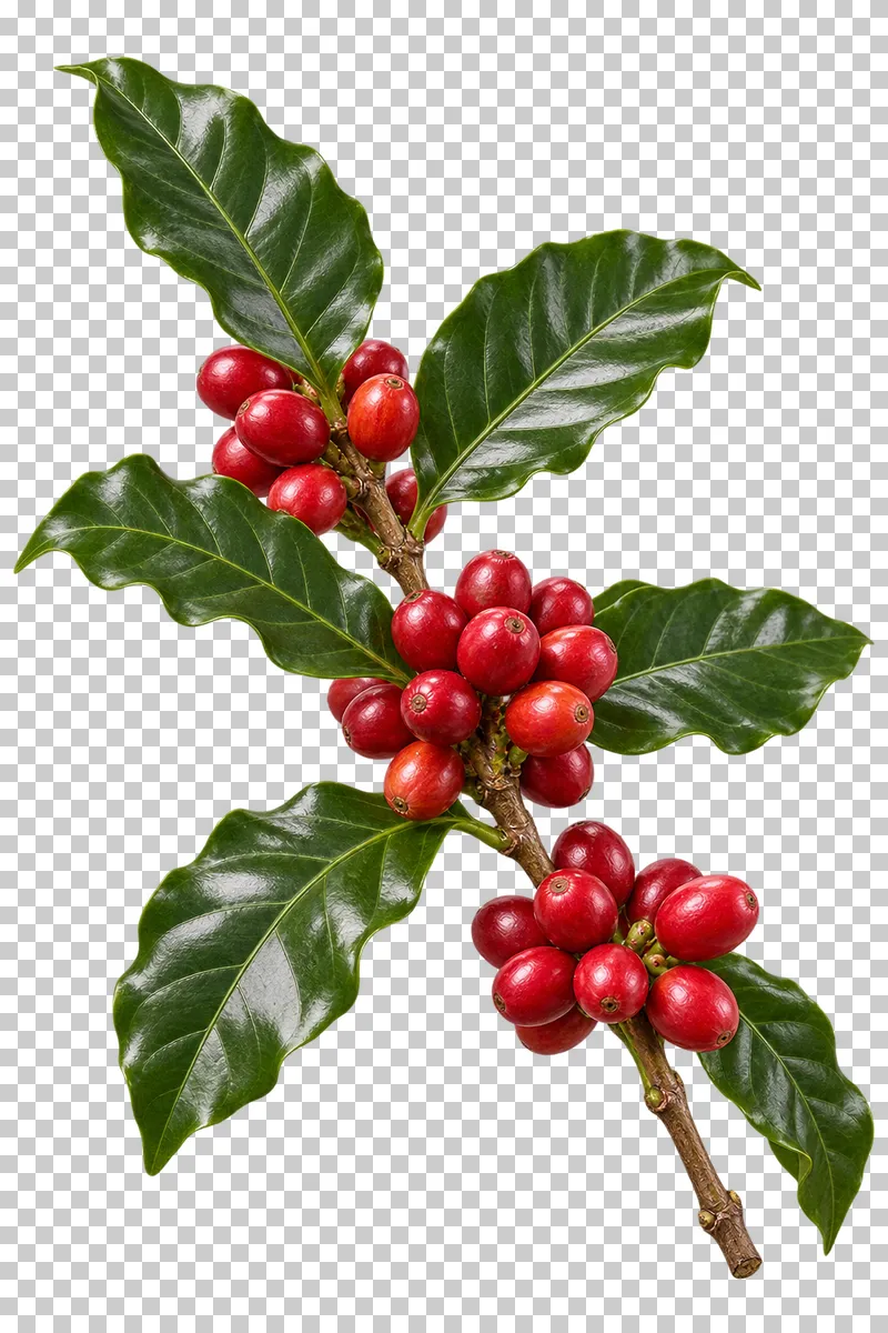 A coffee branch with ripe red cherries and glossy green leaves.