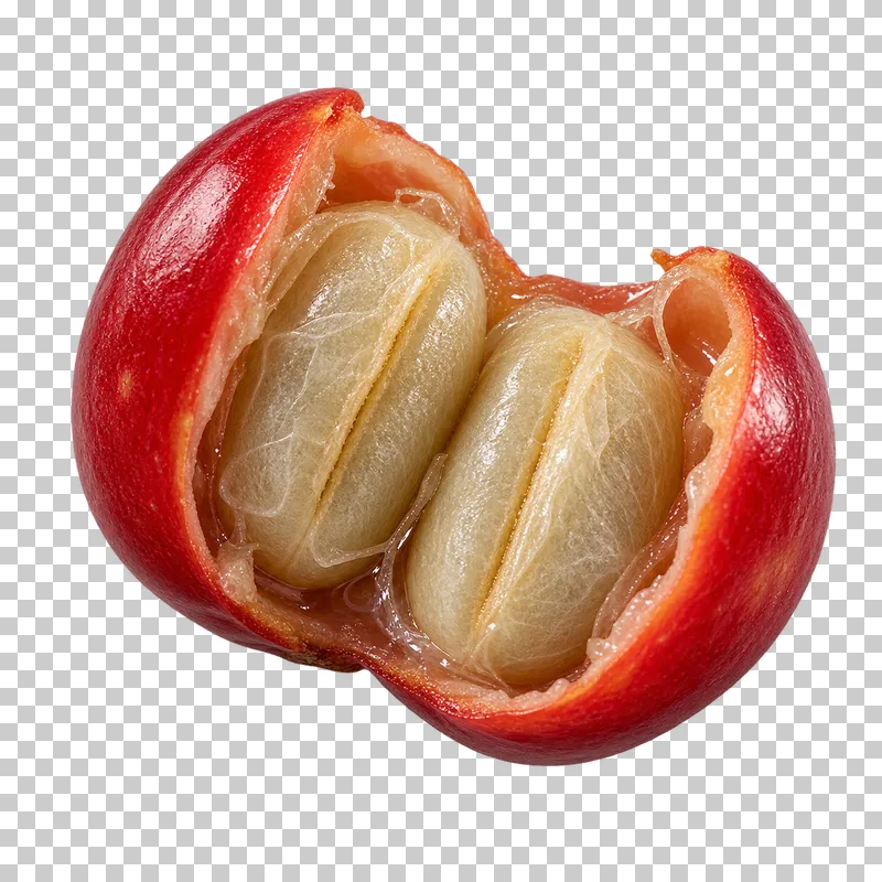 An opened red coffee cherry revealing two pale seeds.
