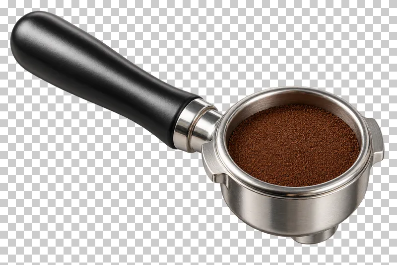 A stainless steel portafilter filled with tamped dry coffee.