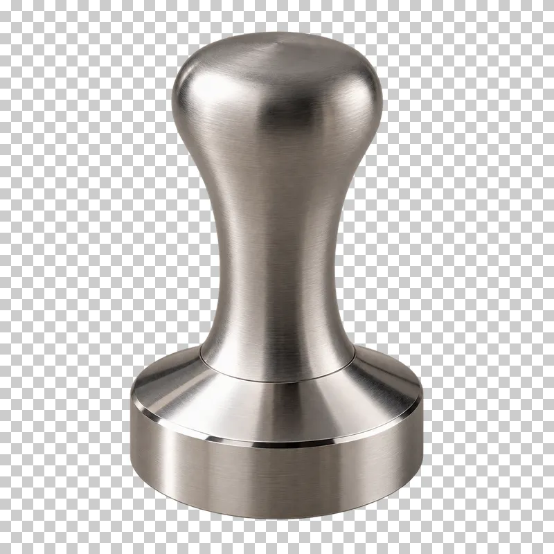 An upright stainless steel espresso tamper.