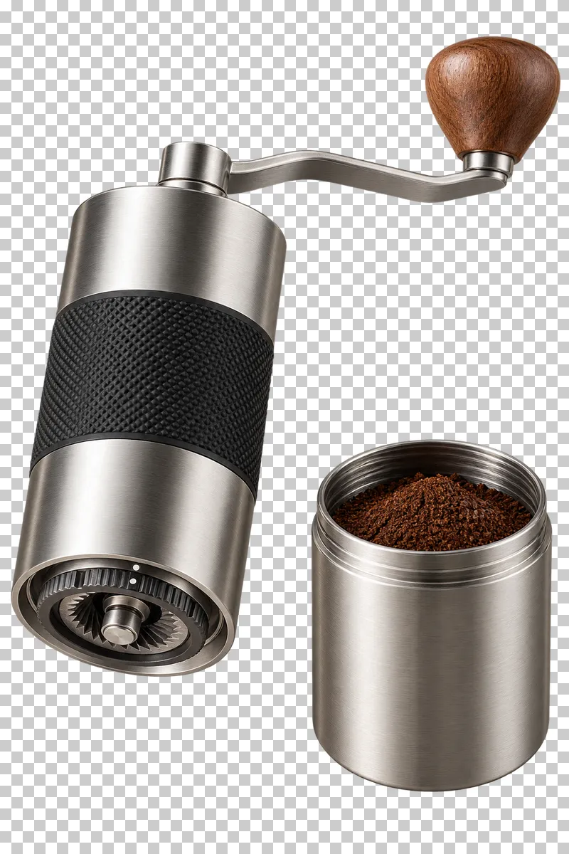 A manual burr coffee grinder showing its lower adjustment mechanism beside a detached grounds catcher.