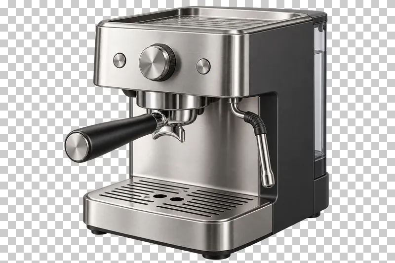 A compact stainless steel single-group espresso machine with a portafilter and steam wand.