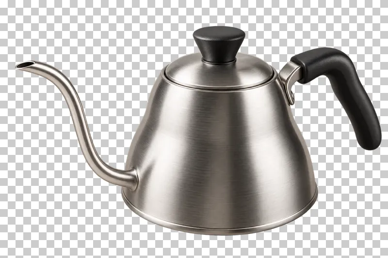 A stainless steel gooseneck pour-over kettle with a black handle.