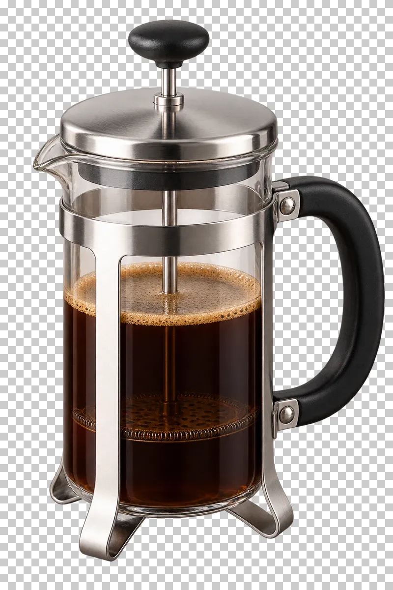 A glass French press containing brewed coffee with its plunger and filter visible.