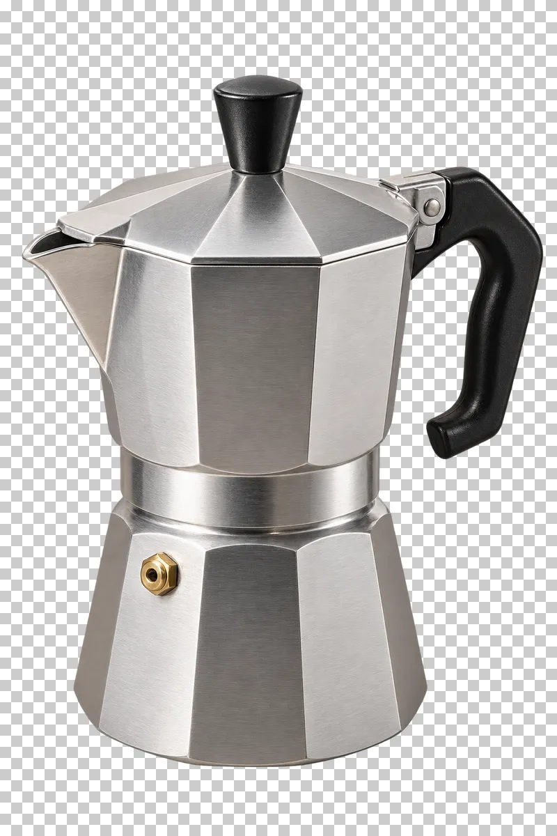 An aluminum stovetop moka pot with a black handle and lid knob.