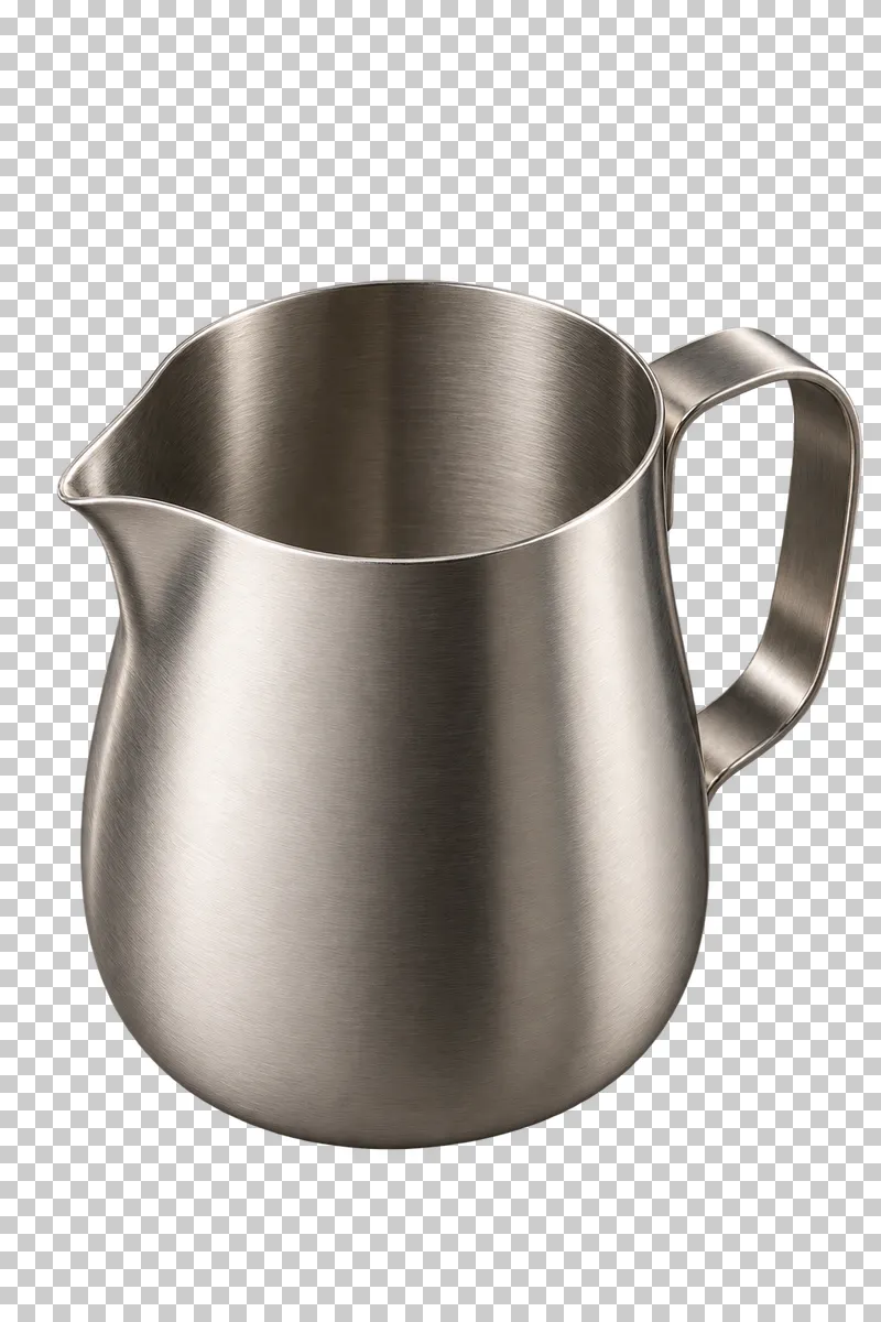 An empty stainless steel milk steaming pitcher with a pointed spout.