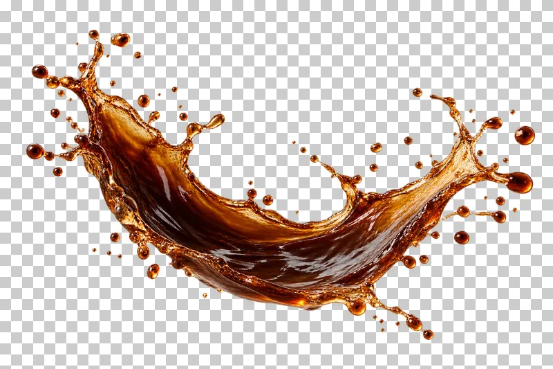 A wide airborne splash of brewed coffee with separate droplets.