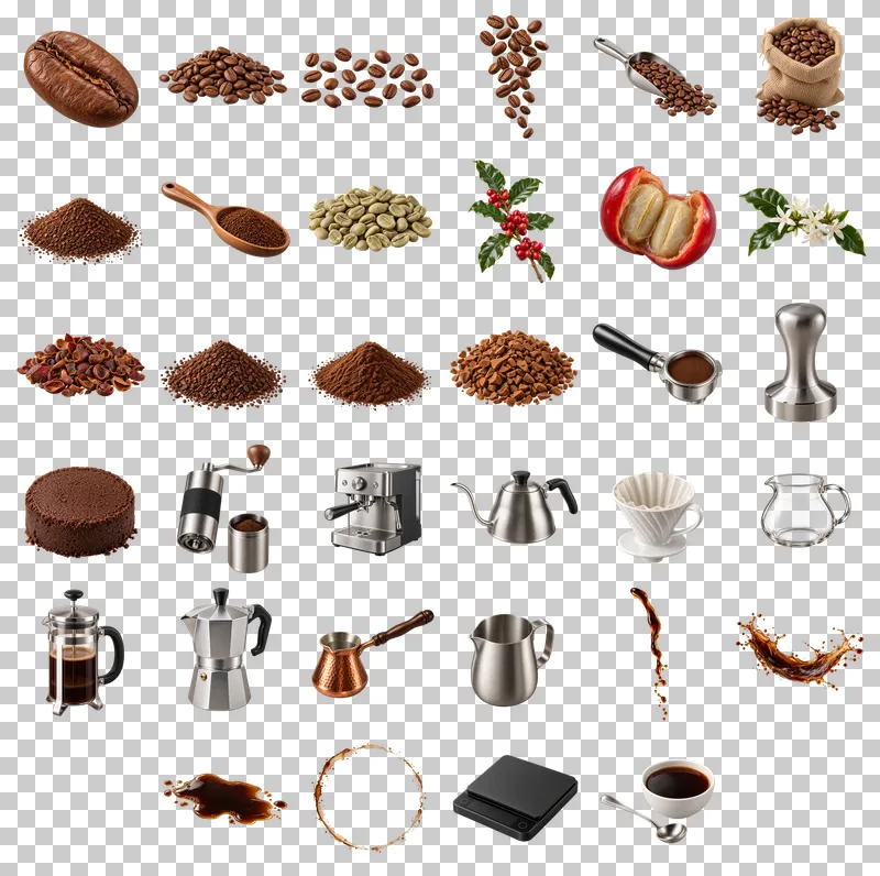 Coffee Ingredients and Brewing Photo PNG Collection: all 34 elements in one grid