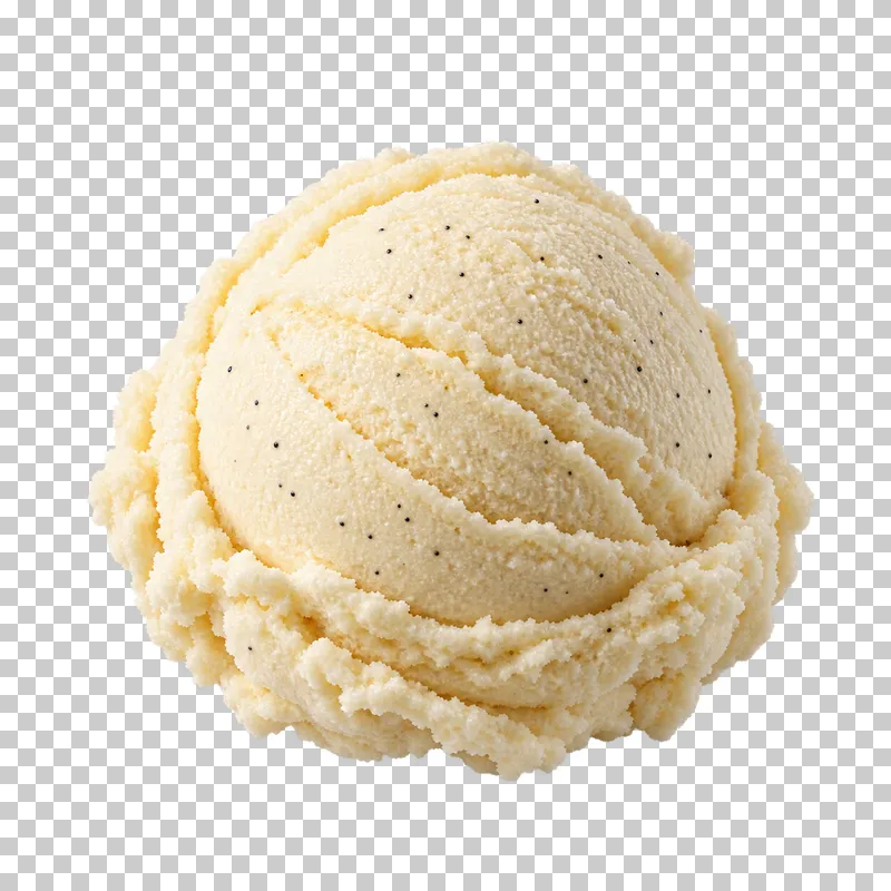 A rounded scoop of dairy ice cream with a textured frozen surface.