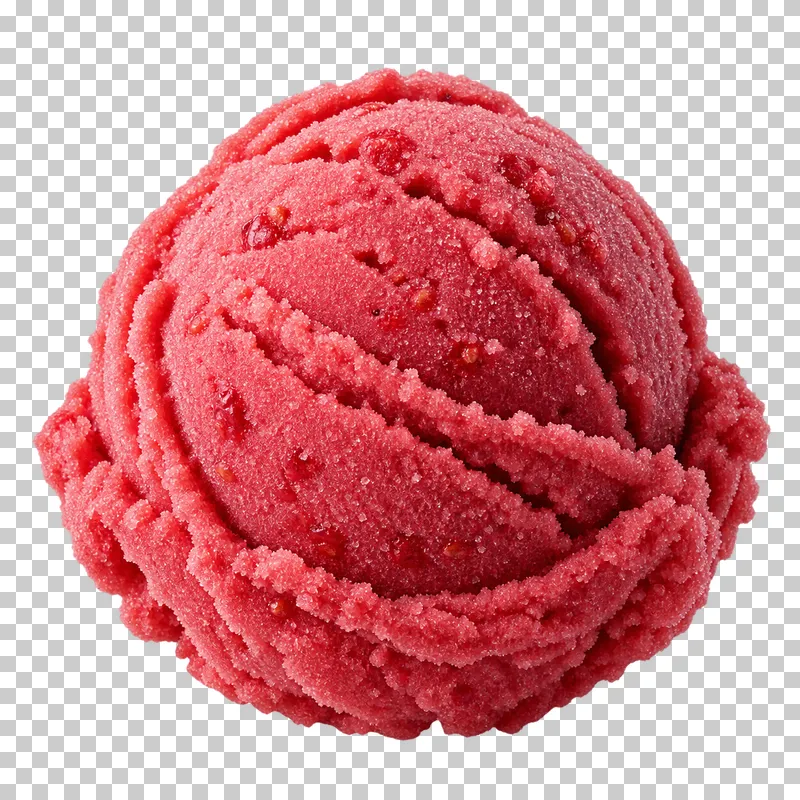 A rounded scoop of fruit sorbet with a textured frozen surface.