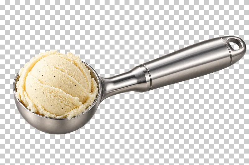 A metal ice-cream scoop holding one portion of ice cream.