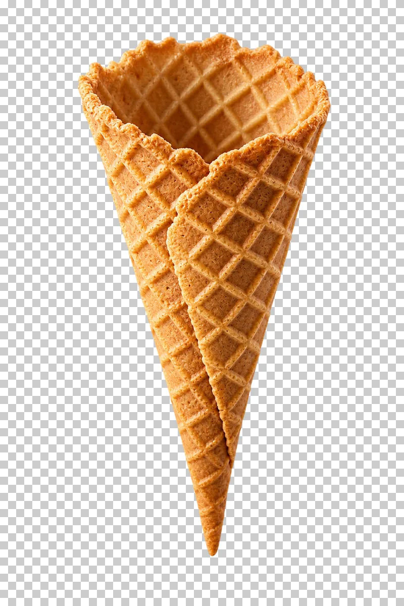 An empty pointed waffle cone with a crisp grid texture.