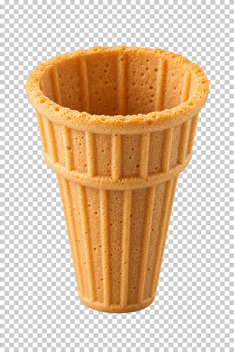 An empty flat-bottom wafer cone with a patterned rim and base.