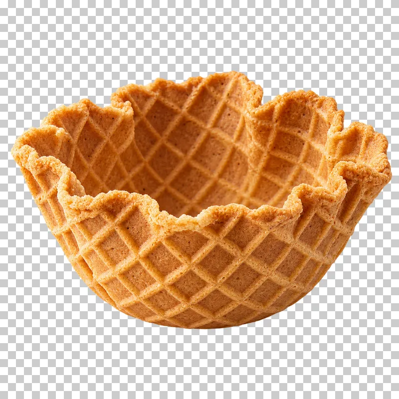 An empty edible waffle bowl with a crisp patterned surface.