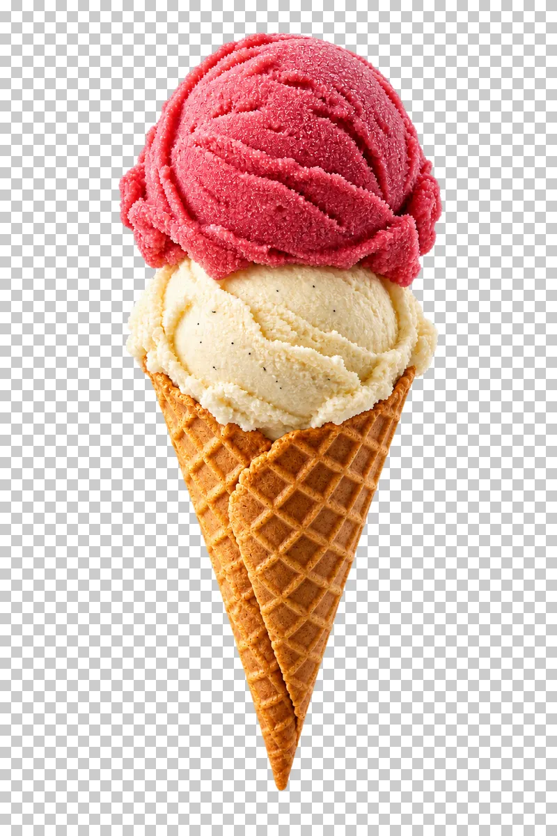 A waffle cone holding two rounded scoops of ice cream.