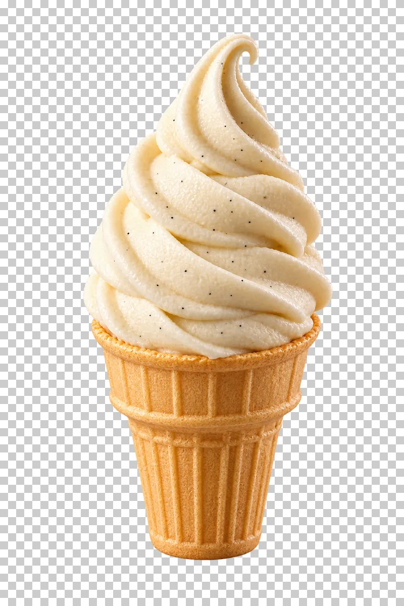 A tall swirl of soft-serve ice cream in a flat-bottom wafer cone.