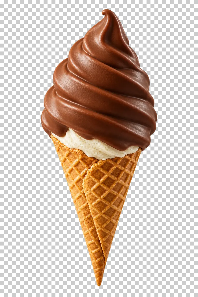 A soft-serve cone coated in a glossy chocolate shell.
