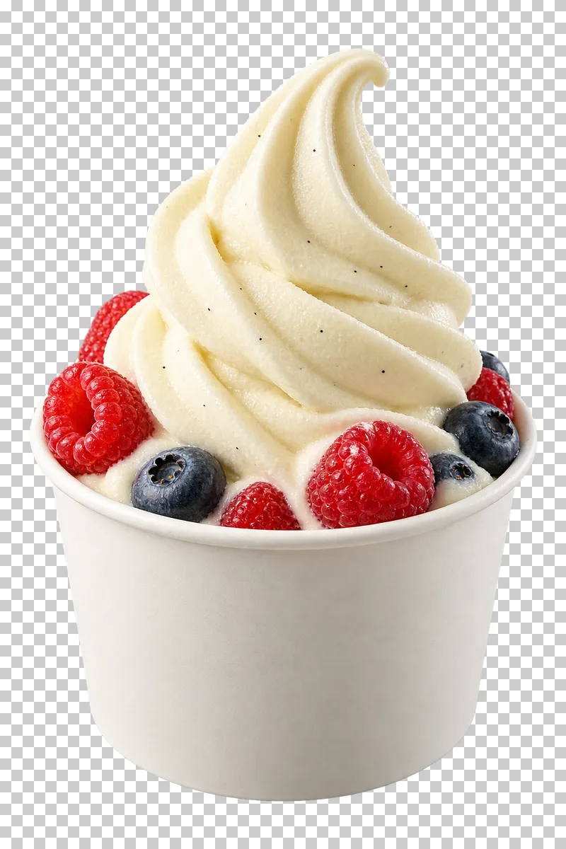 A swirl of frozen yogurt served in a plain cup.