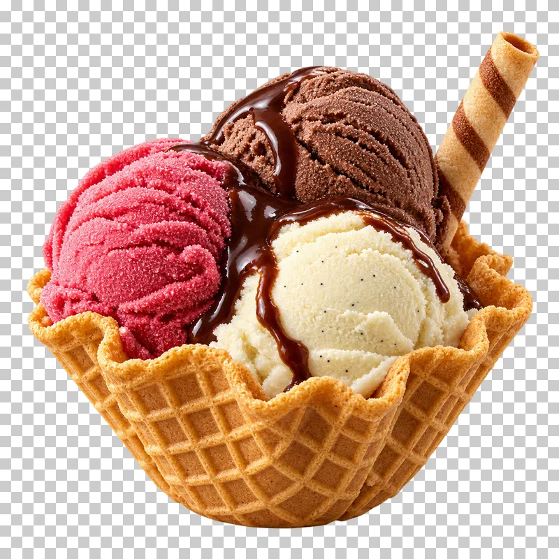 An ice-cream sundae served in an edible waffle bowl.